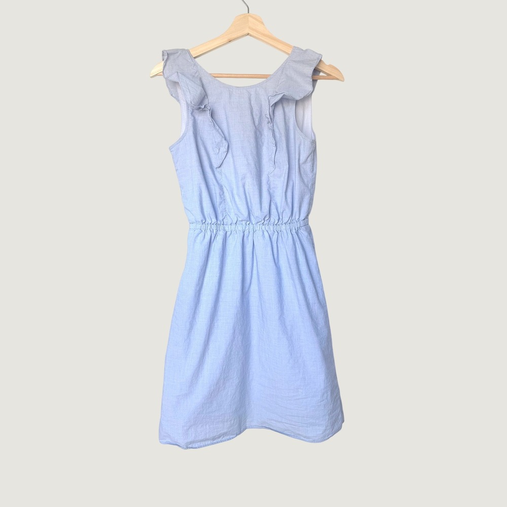 J.Crew Light Blue Ruffle Cotton Chambray Dress Casual Brunch Party Office Sz 00